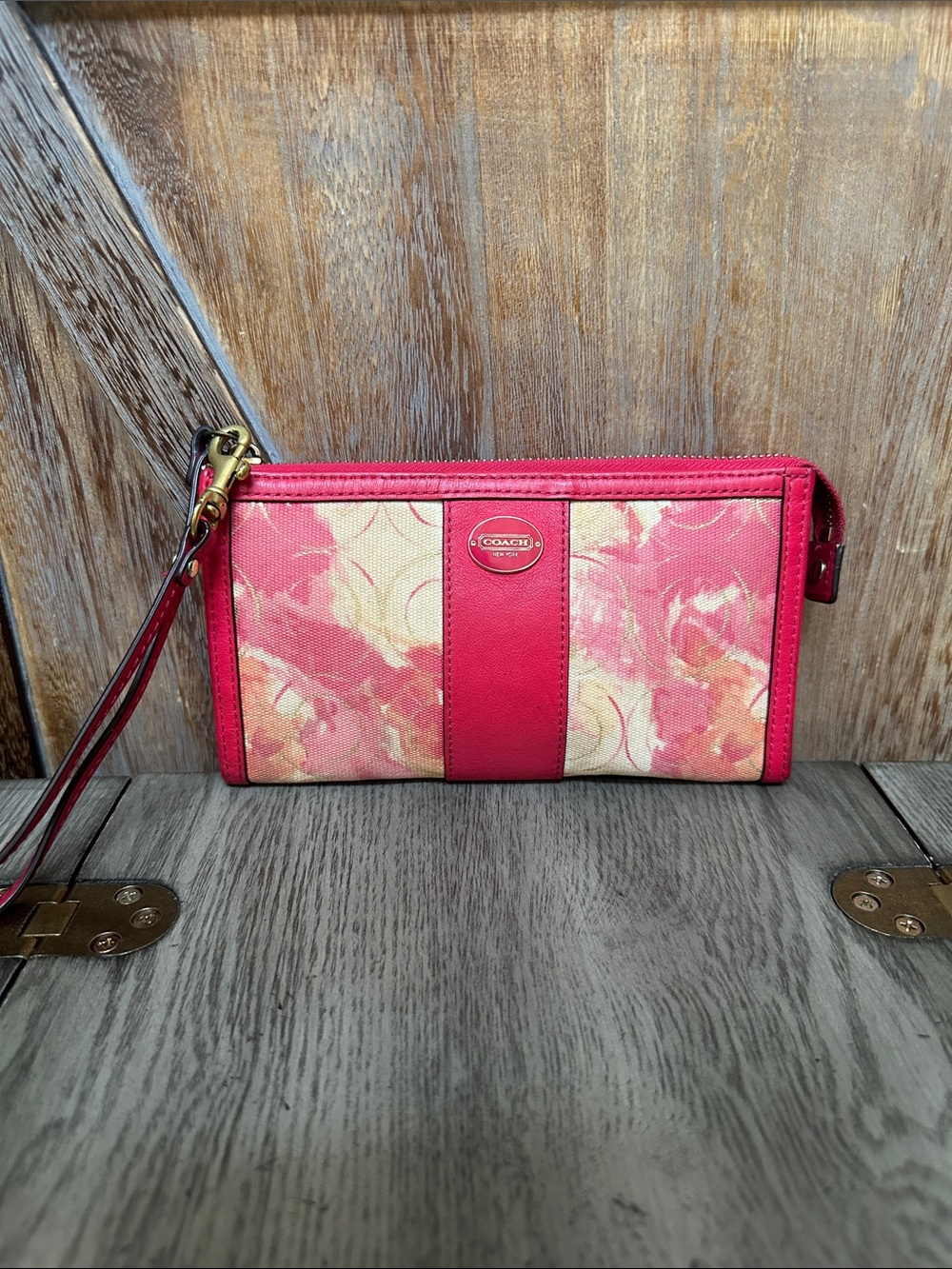 Coach Pink Floral Canvas Wristlet with Leather Trim